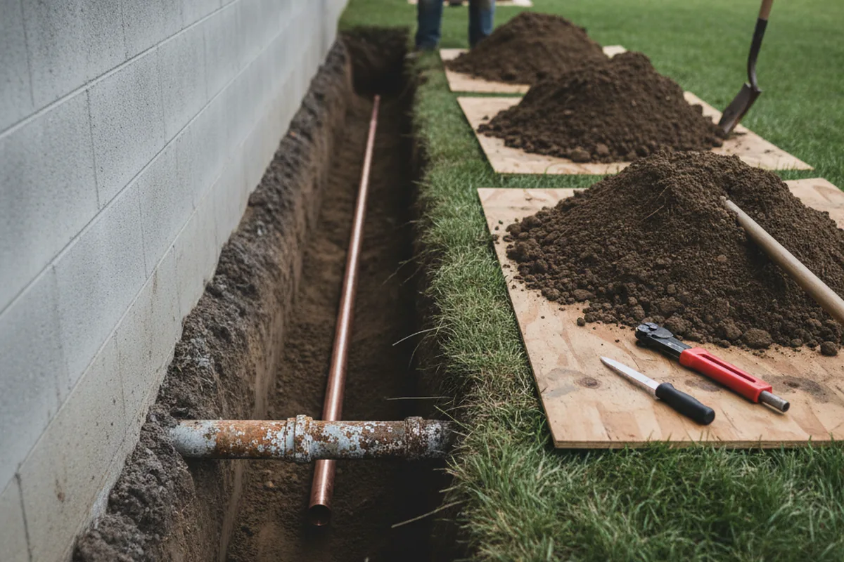 Excavated water line trench during Sewer Line Repair in Essexville